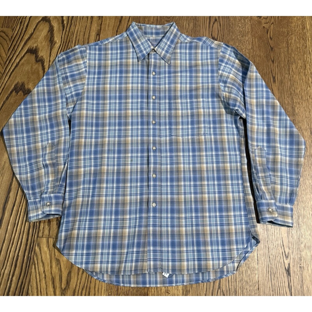 Vintage Sir Pendleton 100% Wool Long Sleeve‎ Shirt Blue Tan Plaid Men's Sz Large